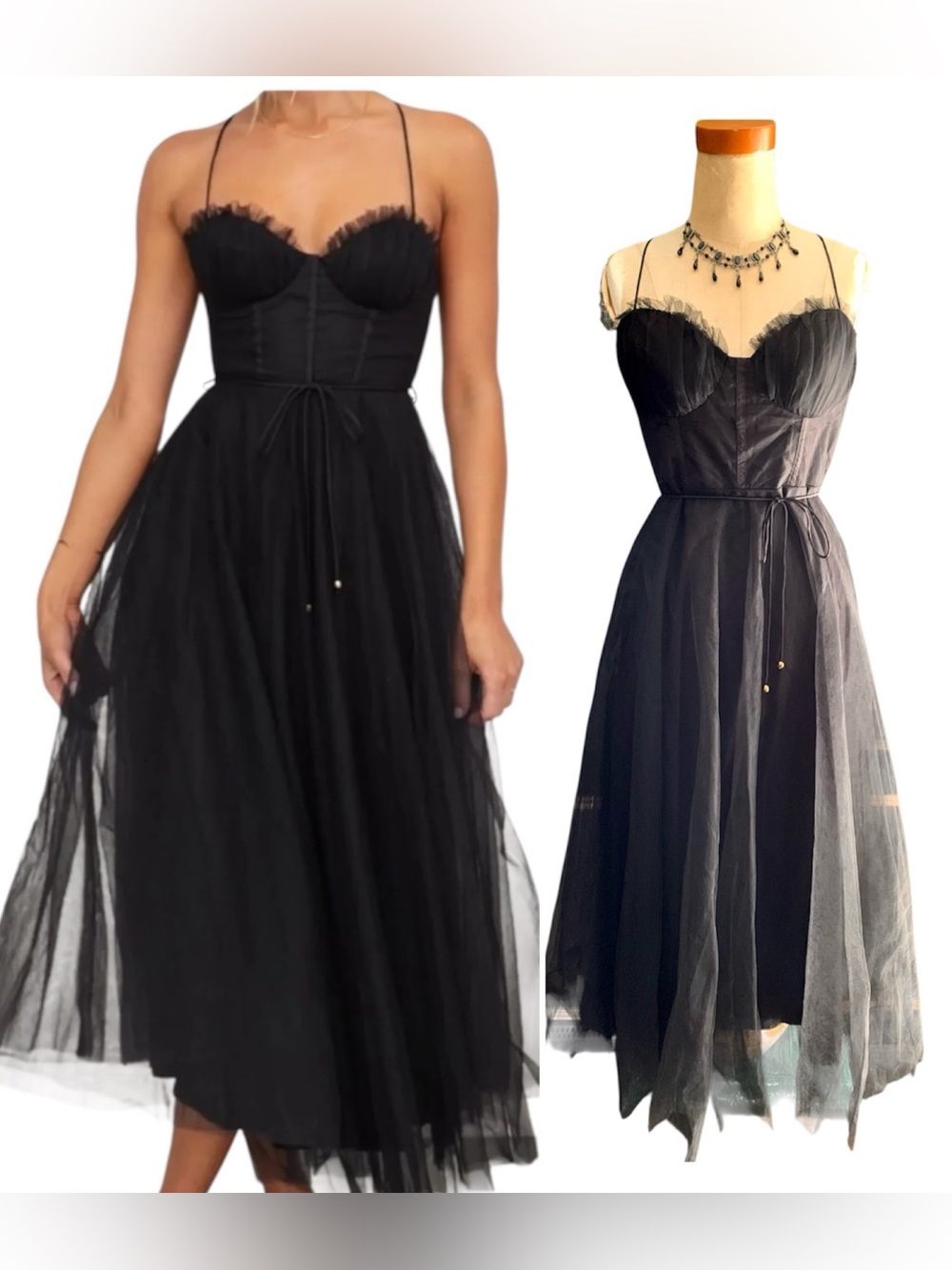 The Vintage Shop Black Tulle Midi Dress w/Corset Bodice Sweetheart Neckline- M